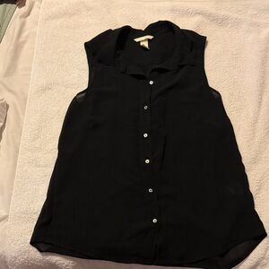 Sleeveless Sheer Black Button-Up Blouse